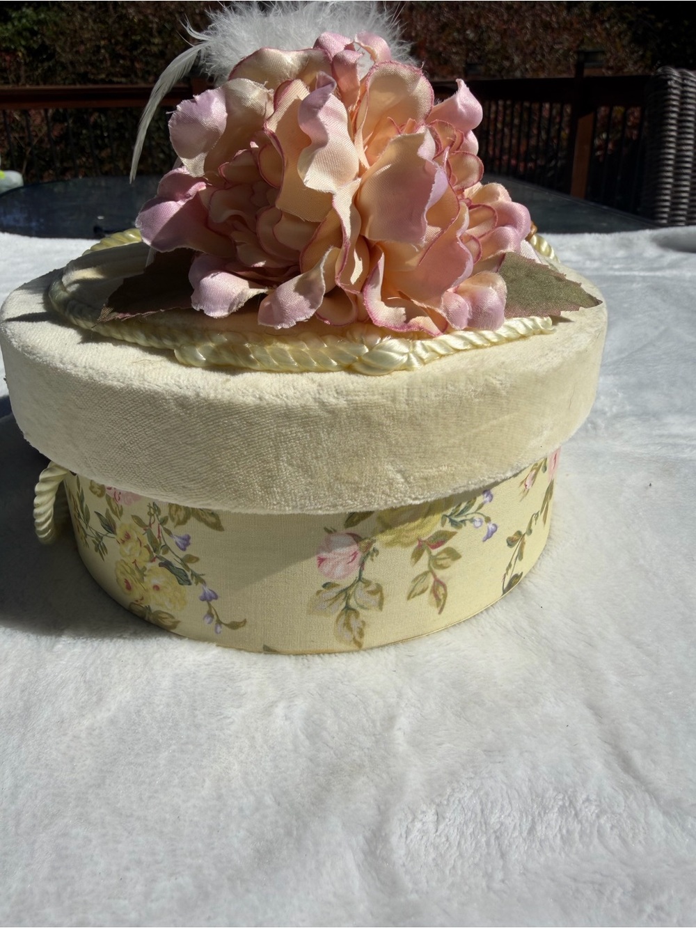 Vintage Shabby Chic Floral Hat Box Round Velvet Rose Decorative Storage Case